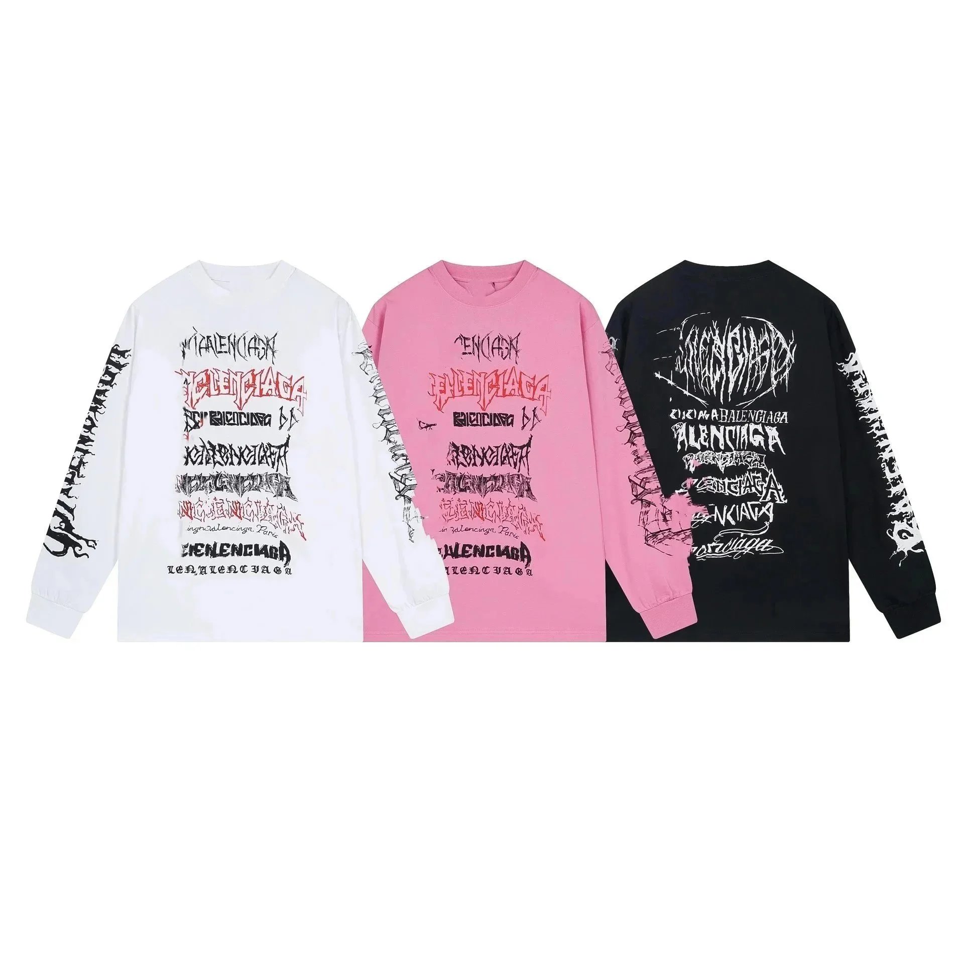 Balenciaga Men's Metal Logo Long Sleeve T-Shirt in Pink/Black/Red Balenciaga