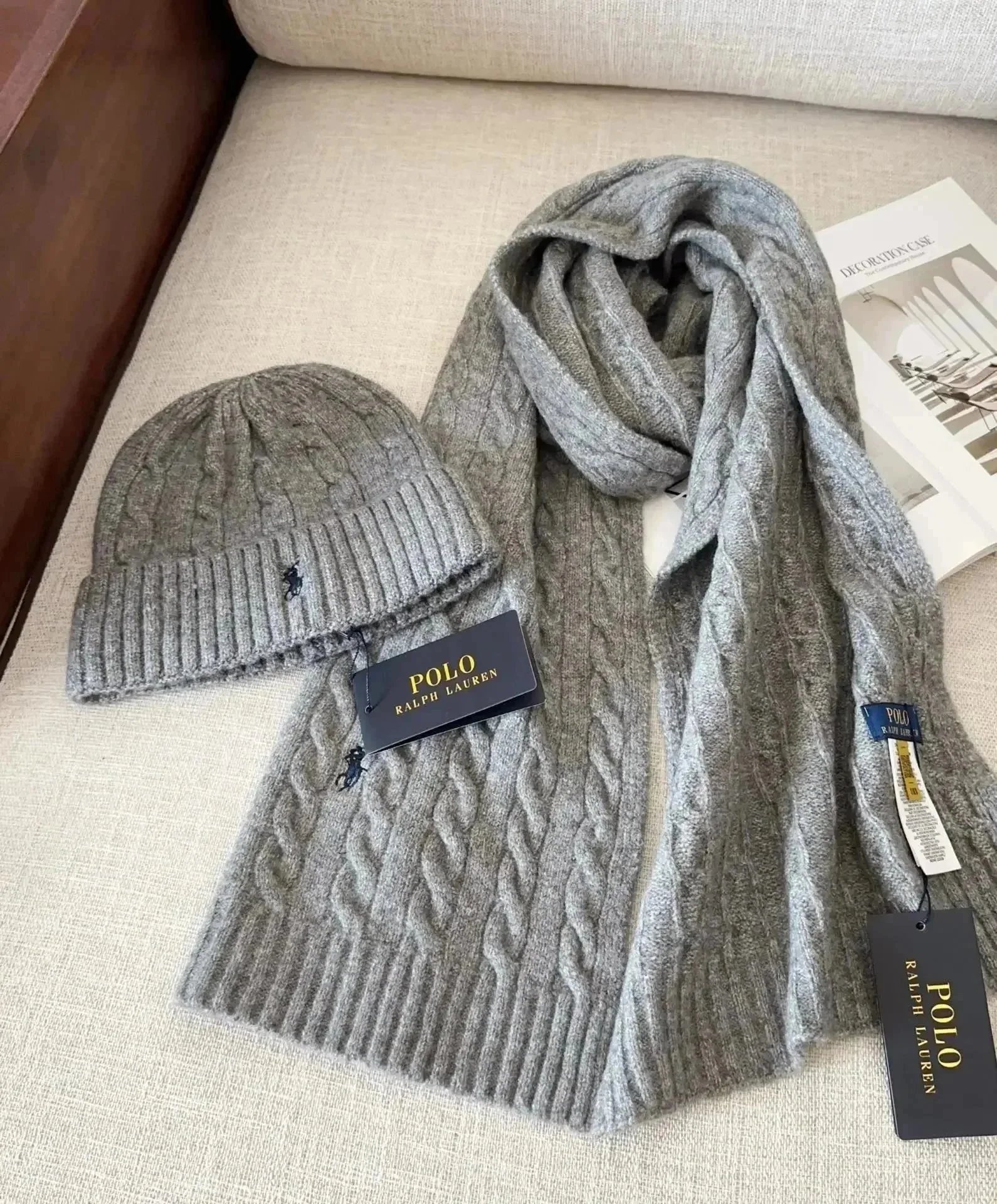 Polo Ralph Lauren Knit Beanie and Scarf Set Gray Winter Accessories