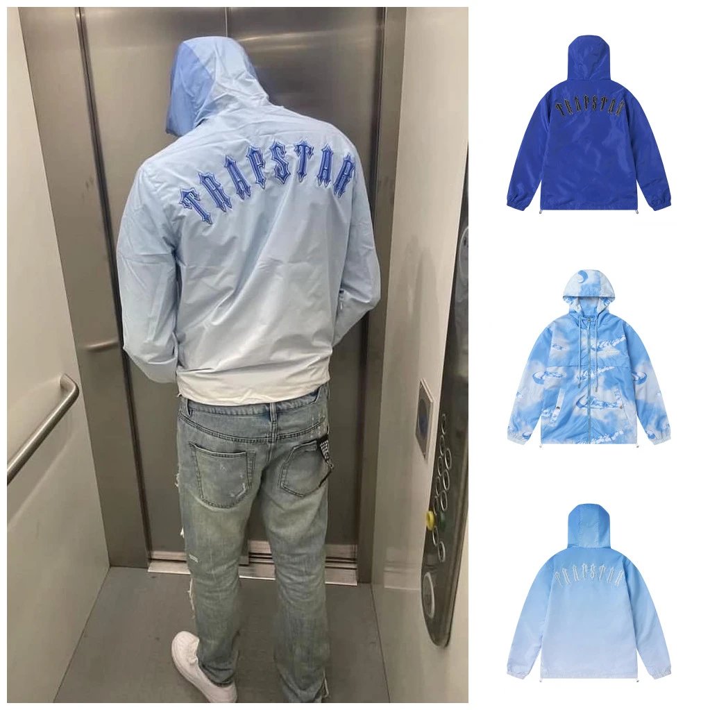 TRAPSTAR Hooded Windbreaker Jacket for Men Blue Tie-Dye Design