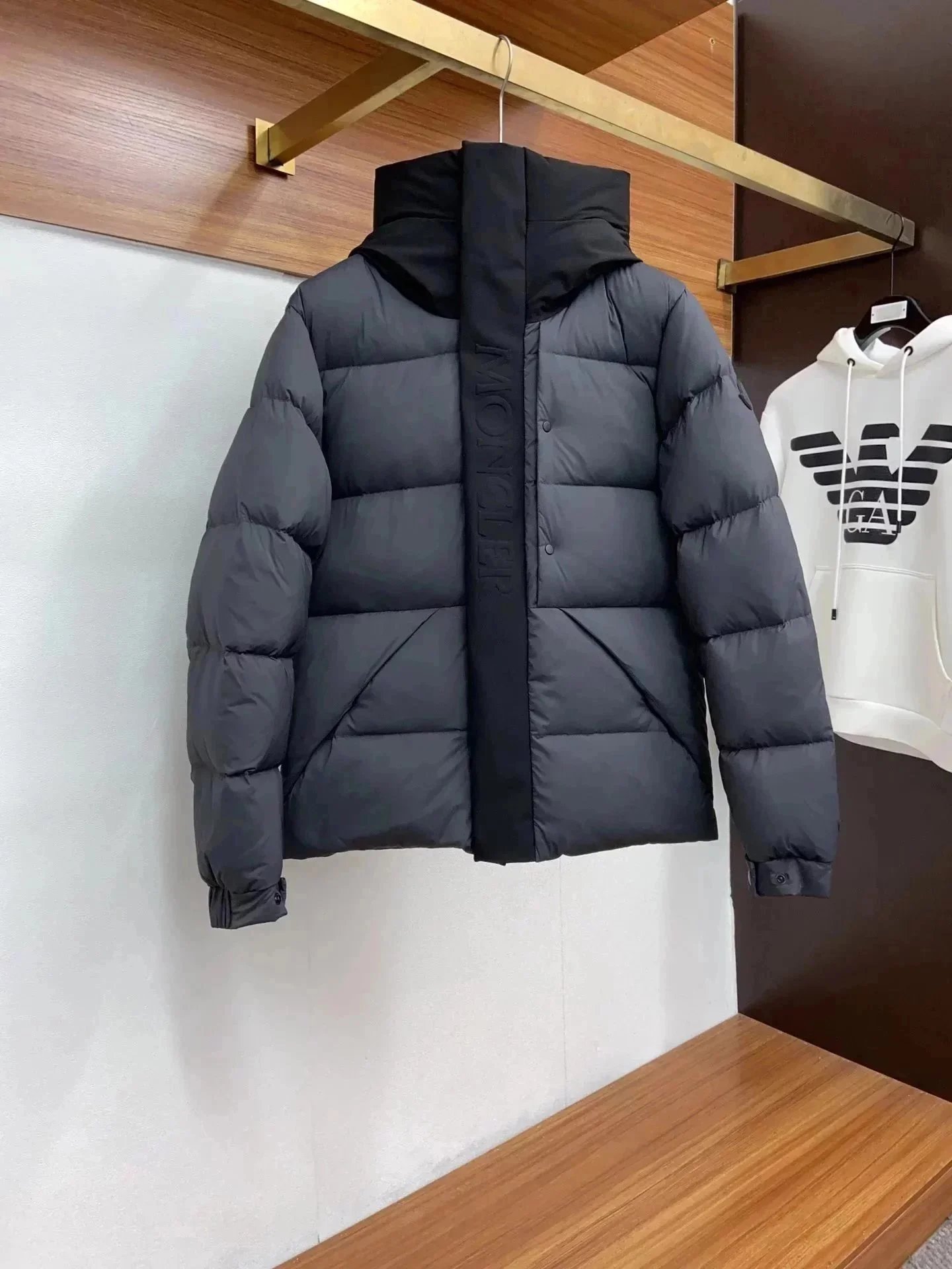 Moncler Black Down Jacket with Logo Tape