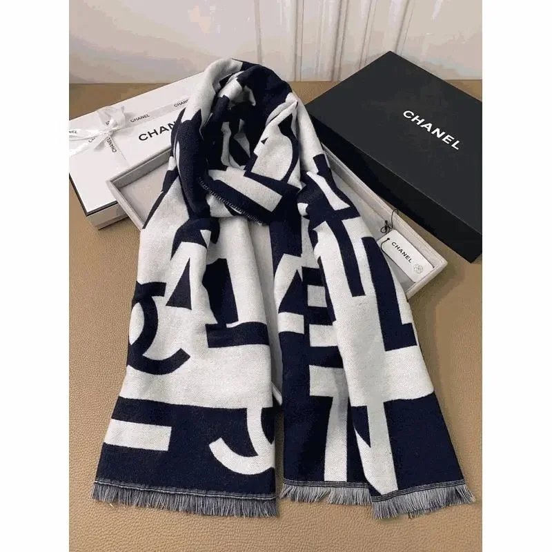CHANEL Classic CC Logo Wool Scarf in Navy and White