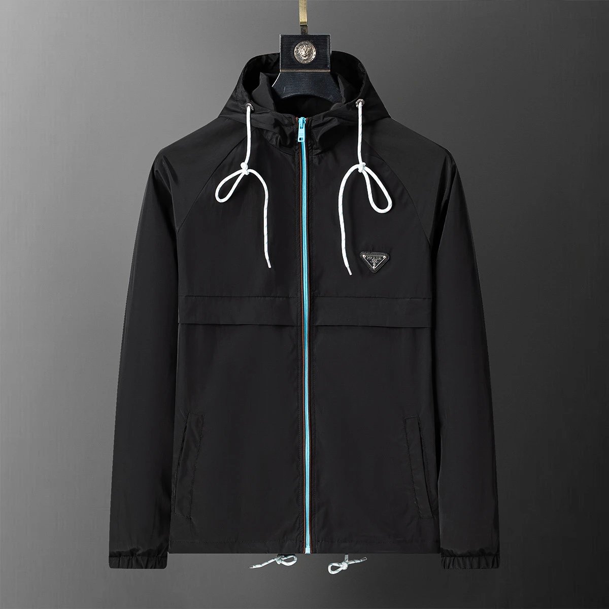 Men's Black Lightweight Windbreaker Jacket with Hood and Zip Closure