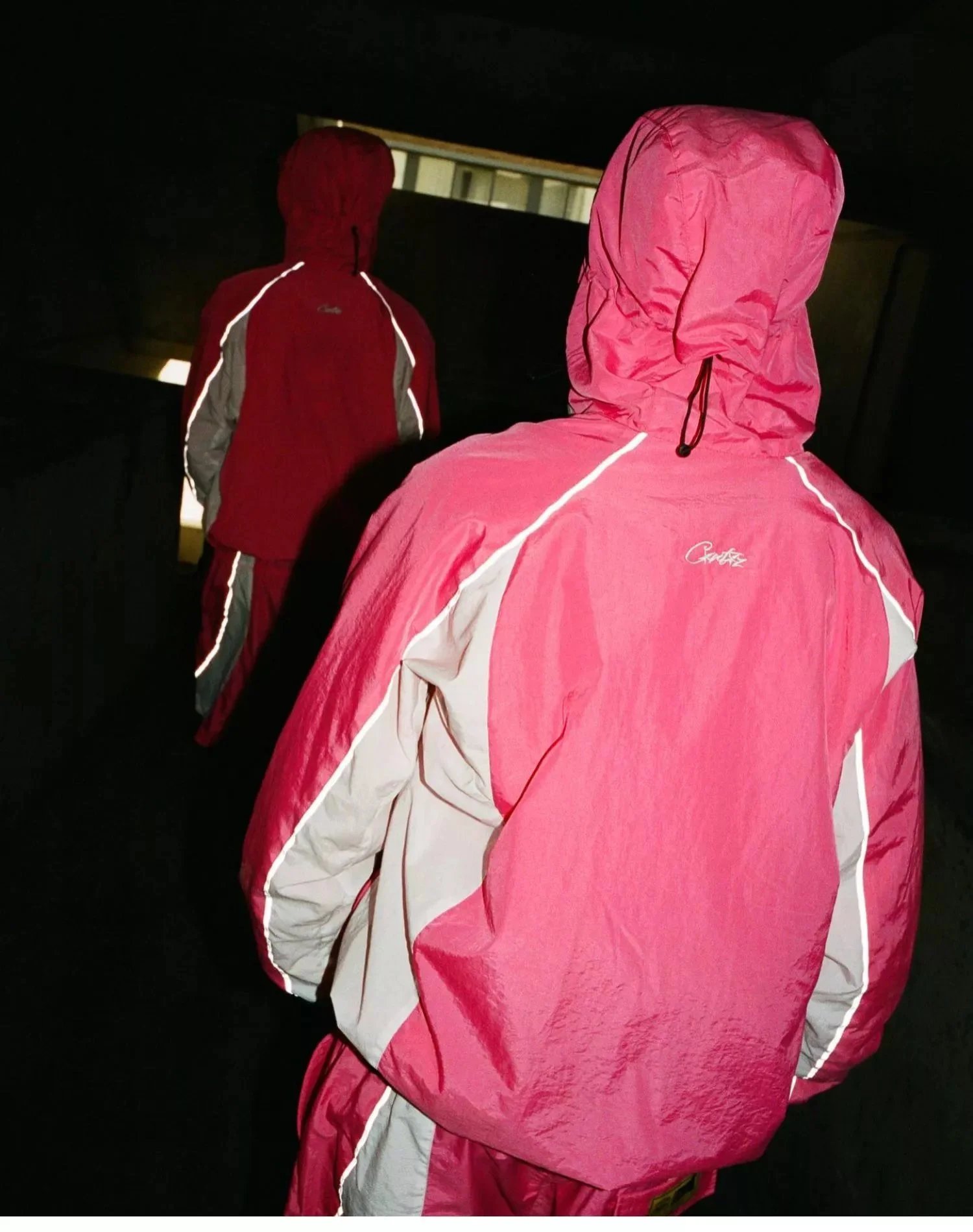 Pink Hooded Windbreaker Jacket with Reflective Stripes
