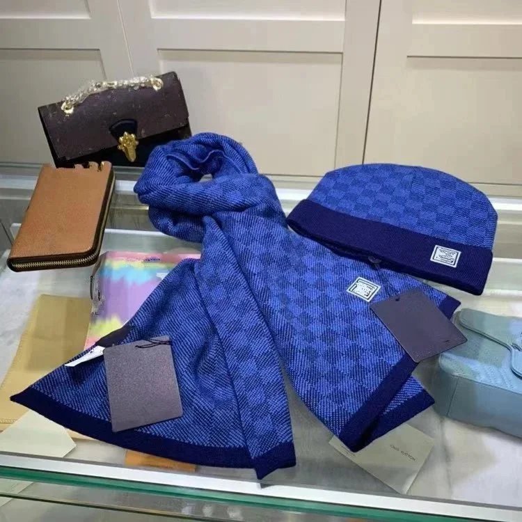 Dior Blue Checkered Knit Scarf and Beanie Set