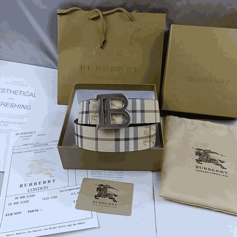 Burberry Reversible Leather Belt with Iconic Check Pattern and Silver-Tone Buckle
