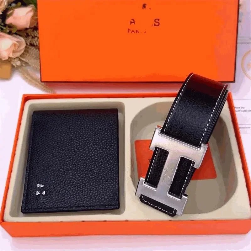 Hermès Black Leather Belt and Wallet Set with Silver H Buckle