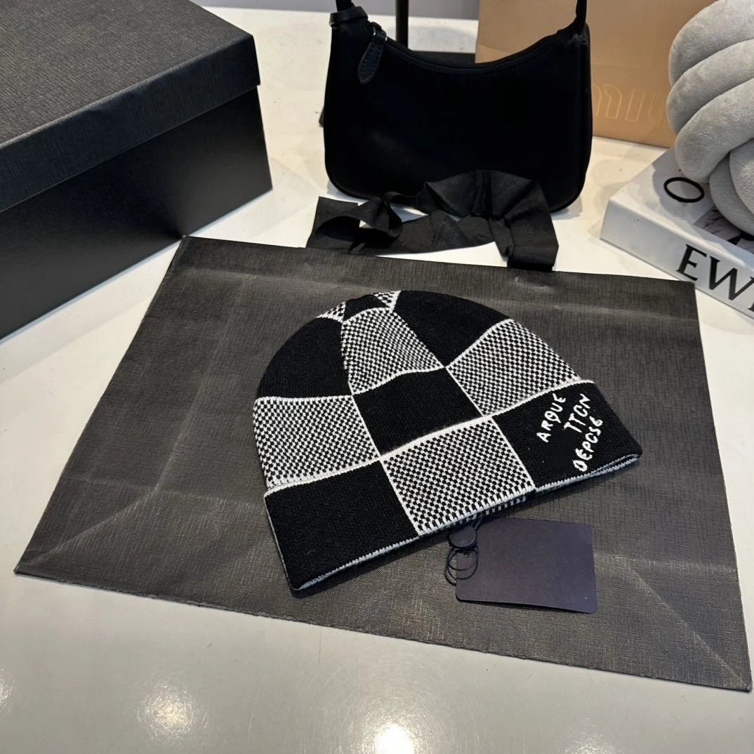 Black and White Checkered Knit Beanie Hat for Men and Women