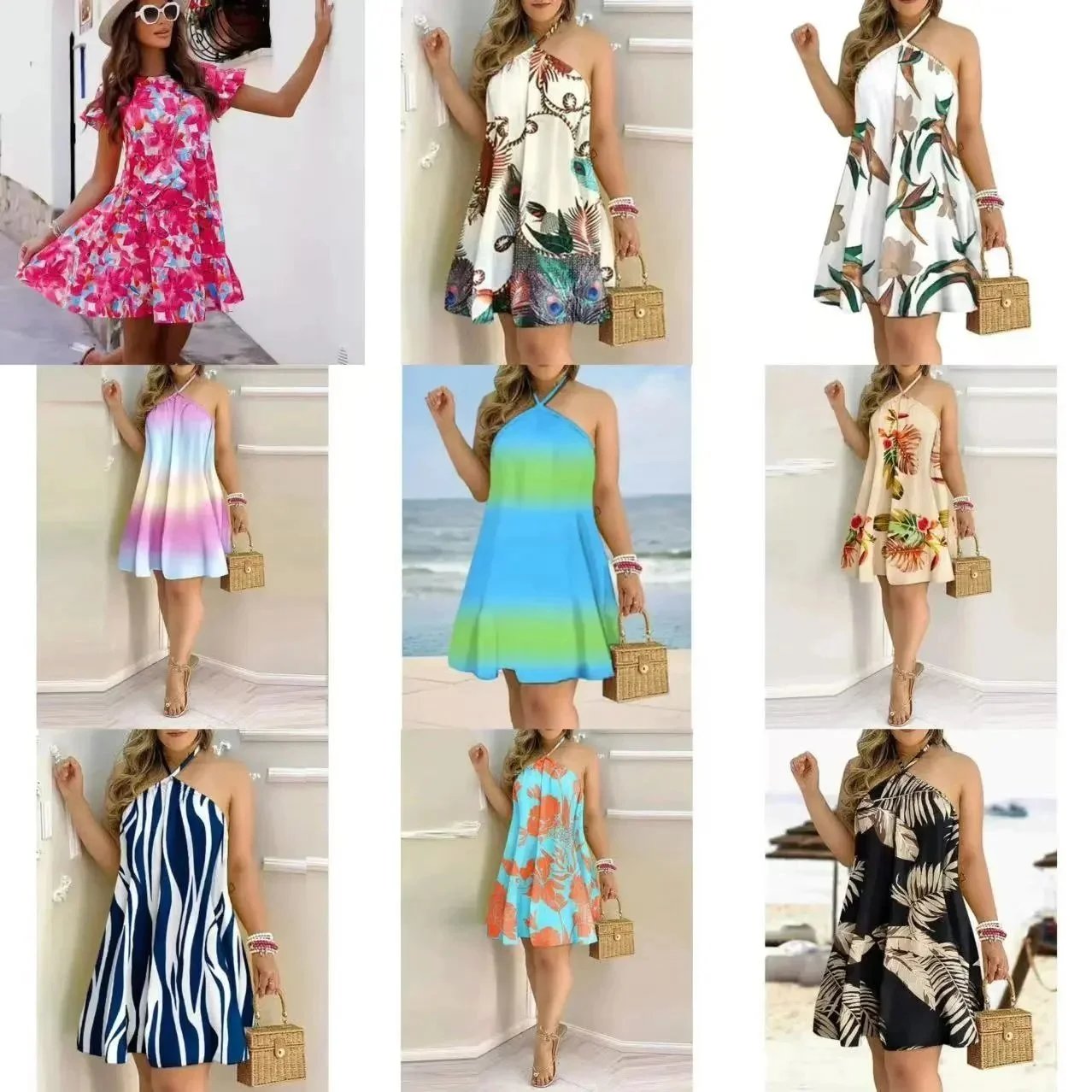 Women's Summer Floral & Tie-Dye Halter Dresses - Beachwear Fashion