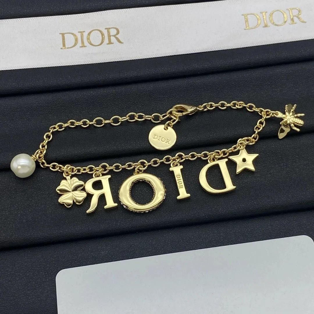 Dior Gold Charm Bracelet with Logo Letters and Pearls