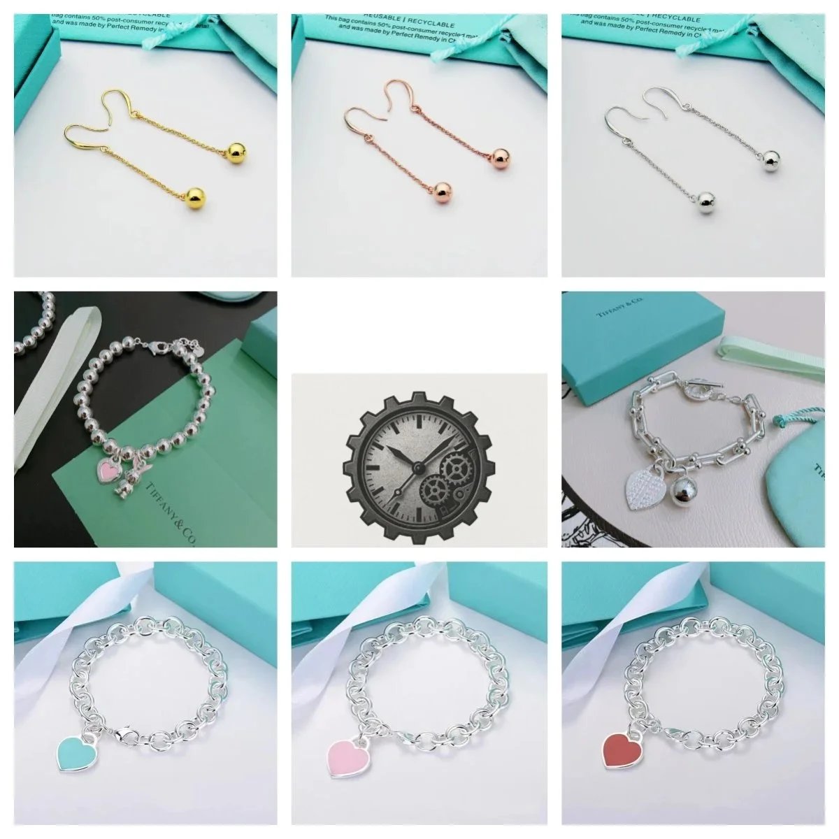 Elegant Silver Heart Charm Bracelets and Dangle Earrings Jewelry Set