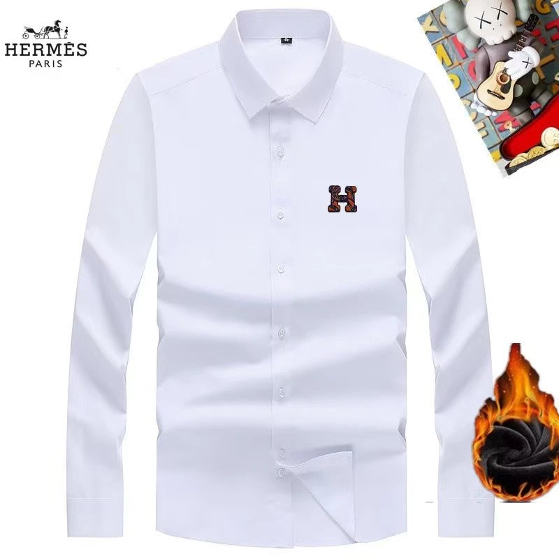 Hermes White Long Sleeve Shirt Men's Embroidered H Logo Casual Dress Shirt