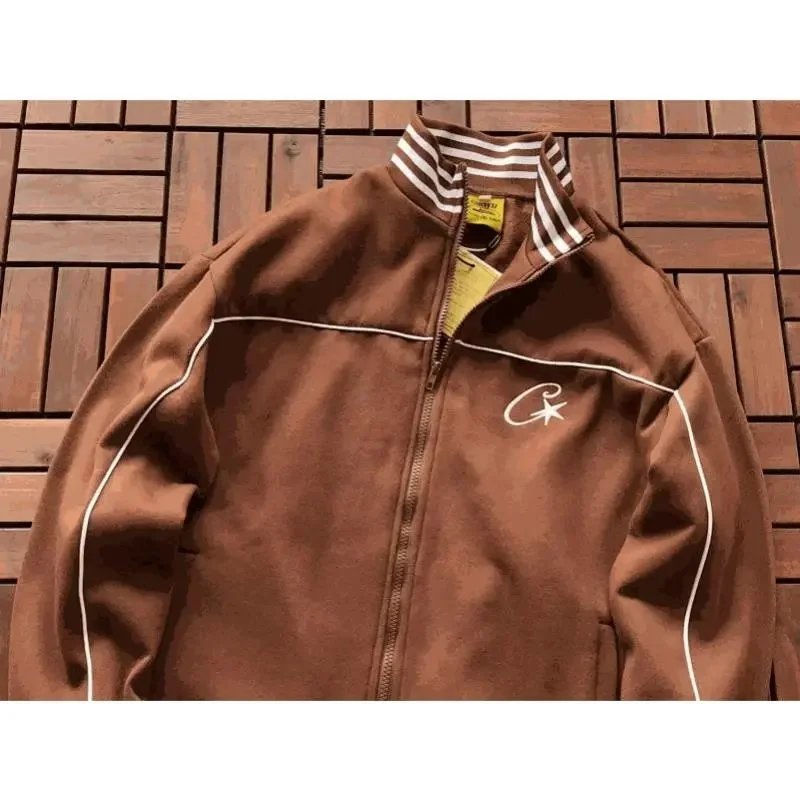 Brown Champion Track Jacket with White Stripe Details