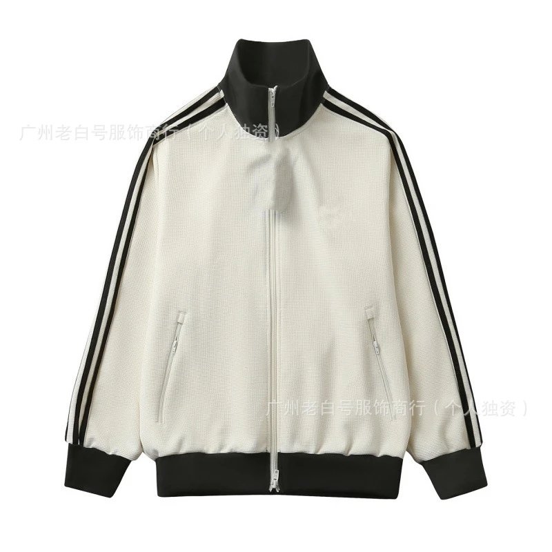 Classic White Track Jacket with Black Stripes and Zipper