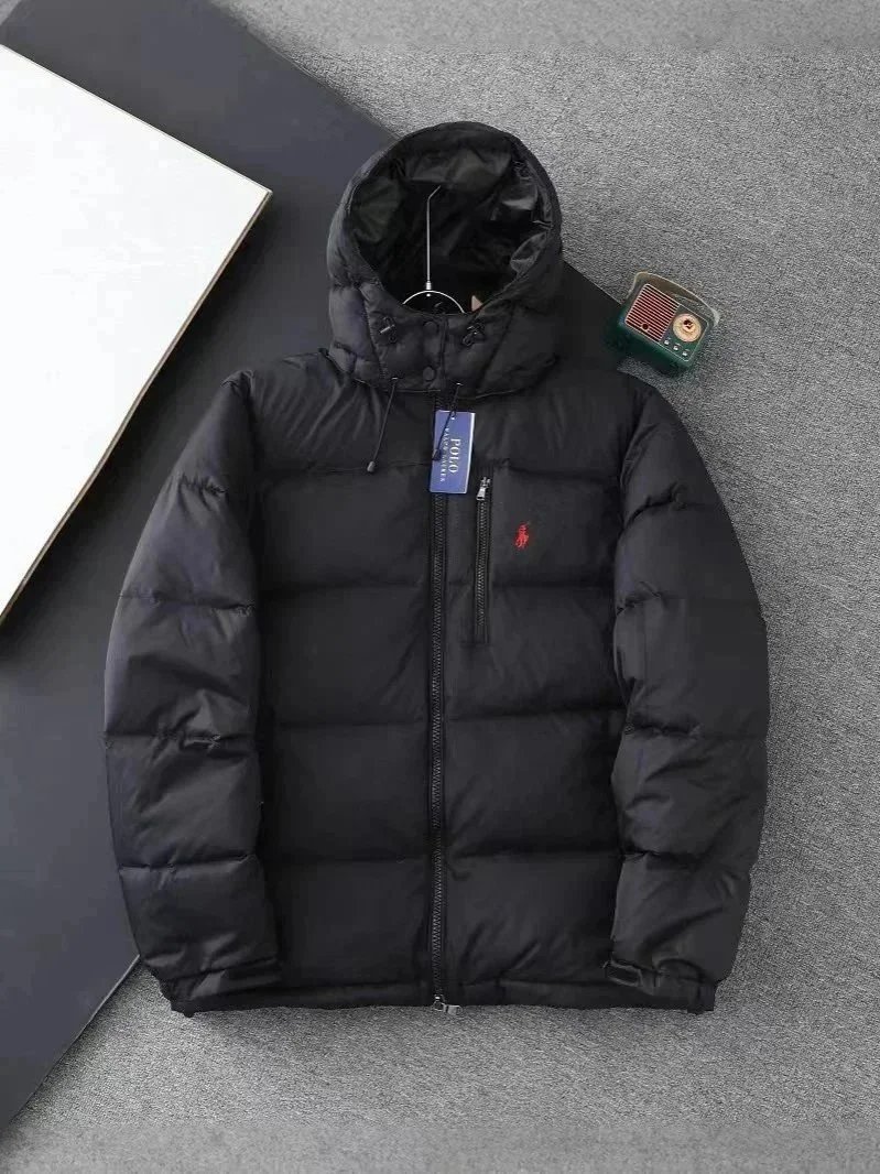 Men's Black Hooded Down Jacket Winter Warm Coat with Red Pony Logo