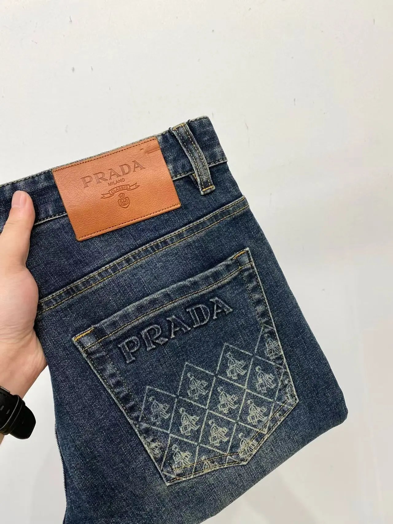 Prada Classic Denim Jeans with Embroidered Logo Pocket