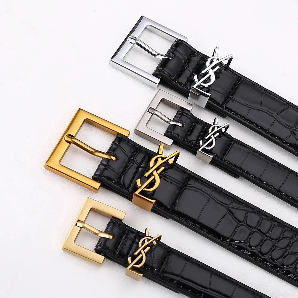 Saint Laurent Crocodile-Embossed Leather Belt with Logo Buckle