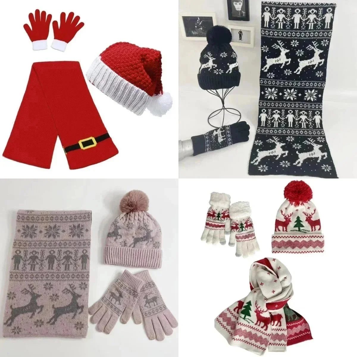 Christmas Knit Hat Scarf Gloves Set for Kids and Adults